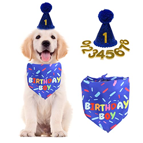 Dog Birthday Bandana Scarf, Boy Dogs Birthday Hat with Number, Doggy 1st Birthday Party Supplies for Small Medium Dog Puppy Outfits (Blue)