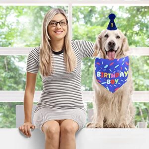 Dog Birthday Bandana Scarf, Boy Dogs Birthday Hat with Number, Doggy 1st Birthday Party Supplies for Small Medium Dog Puppy Outfits (Blue)