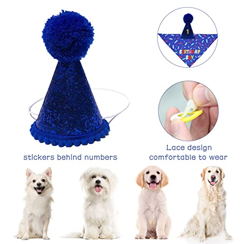 Dog Birthday Bandana Scarf, Boy Dogs Birthday Hat with Number, Doggy 1st Birthday Party Supplies for Small Medium Dog Puppy Outfits (Blue)