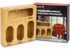 makoss premium bamboo ziploc bag storage organizer & dispenser kitchen wall drawer- zip loc baggie organizer - food storage plastic bag holder of gallon, slider quart, sandwich, snack valentine deals