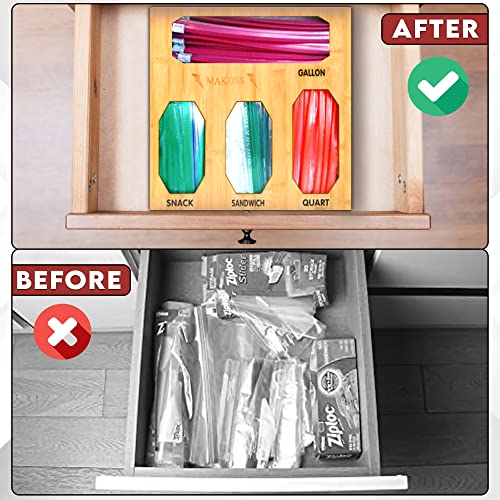 MAKOSS Premium Bamboo Ziploc Bag Storage Organizer & Dispenser Kitchen Wall Drawer- Zip loc Baggie Organizer - Food Storage Plastic Bag Holder of Gallon, Slider Quart, Sandwich, Snack Valentine deals