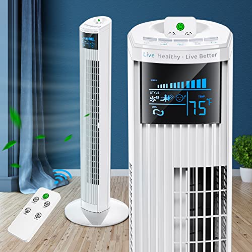 Tower Fan, 36 Inch Oscillating Fans with Remote, Sleep Mode and 12H Timer, Large LED Display, 6 Modes, Portable Stand up Floor Bladeless Fan for Bedroom Living Rooms and Office, White