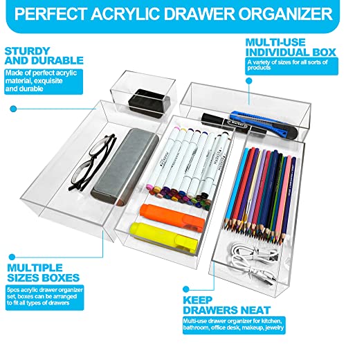 Acrylic Junk Drawer Organizer, Drawer Organizer Storage Box, Multi-use Drawer Organizer for Office Desk, Kitchen, Bedroom, Children Room, Craft, Sewing, Makeup, Jewelry, Bathroom (5 Boxes)