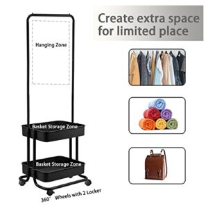 Clothing Garment Rack, Metal Clothing Rack with 2 Tier Basket ,Rolling Clothes Organizer with Wheels,Rolling Storage Cart Clothes Organizer Coat Rack Storage Stand for Home Bedroom Laundry(Black)