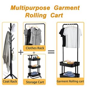 Clothing Garment Rack, Metal Clothing Rack with 2 Tier Basket ,Rolling Clothes Organizer with Wheels,Rolling Storage Cart Clothes Organizer Coat Rack Storage Stand for Home Bedroom Laundry(Black)