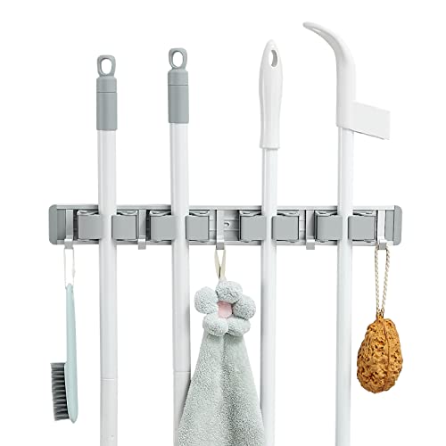 BOTAOSS Mop and Broom Holder Wall Mount Garden Tool Organizer, Closet Storage, Kitchen Rack, Home Organization and Garage Organizer(4 Positions with 5 Hooks, Grey) (Grey)