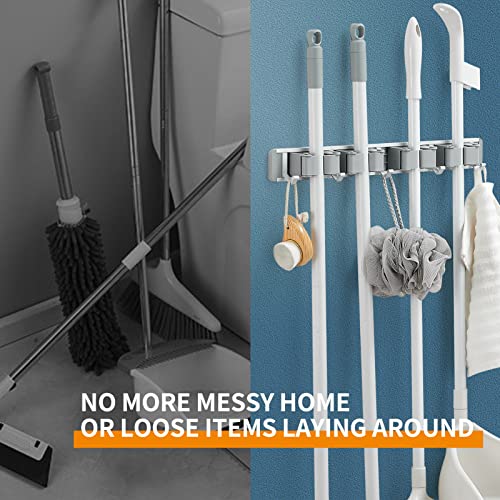 BOTAOSS Mop and Broom Holder Wall Mount Garden Tool Organizer, Closet Storage, Kitchen Rack, Home Organization and Garage Organizer(4 Positions with 5 Hooks, Grey) (Grey)