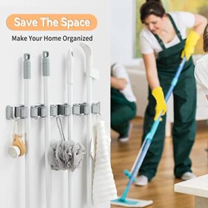 BOTAOSS Mop and Broom Holder Wall Mount Garden Tool Organizer, Closet Storage, Kitchen Rack, Home Organization and Garage Organizer(4 Positions with 5 Hooks, Grey) (Grey)