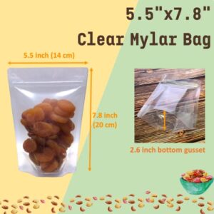 100 Pack Clear Mylar Stand Up Bags - 5.5x7.8 Inches Resealable Food Storage Zipper Pouches, Sealable Plastic Packaging Sample Pouch Bag - Clear