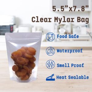 100 Pack Clear Mylar Stand Up Bags - 5.5x7.8 Inches Resealable Food Storage Zipper Pouches, Sealable Plastic Packaging Sample Pouch Bag - Clear
