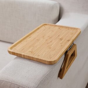 sofa arm tray bamboo clips to grab sofa wide armrests, foldable sofa table. portable table, tv table, side table. for placing food, mobile phones, tablets, beverages, coffee. (wood, 13.8"x9.5")