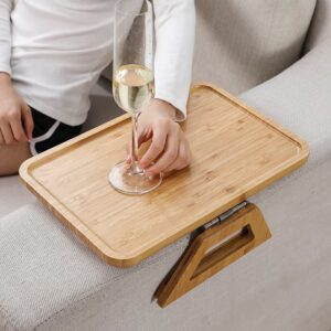 Sofa Arm Tray Bamboo Clips to Grab Sofa Wide armrests, Foldable Sofa Table. Portable Table, TV Table, Side Table. for Placing Food, Mobile Phones, Tablets, Beverages, Coffee. (Wood, 13.8"X9.5")