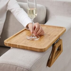 Sofa Arm Tray Bamboo Clips to Grab Sofa Wide armrests, Foldable Sofa Table. Portable Table, TV Table, Side Table. for Placing Food, Mobile Phones, Tablets, Beverages, Coffee. (Wood, 13.8"X9.5")