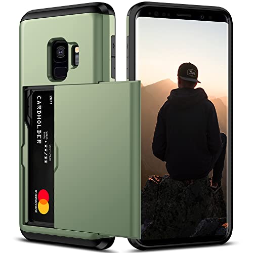 Nvollnoe for Samsung S9 Case with Card Holder 5.8 inch Dual Layer Heavy Duty Protective Galaxy S9 Case Hidden Card Slot Slim Wallet Case for Samsung S9 for Women&Men(Green)