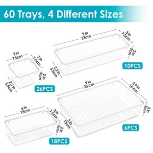 Vtopmart 60 PCS Drawer Organizer, 4-Size Clear Plastic Drawer Organizer Bins Containers for Bathroom and Vanity Storage, Home Organization for Makeup, Kitchen Utensils