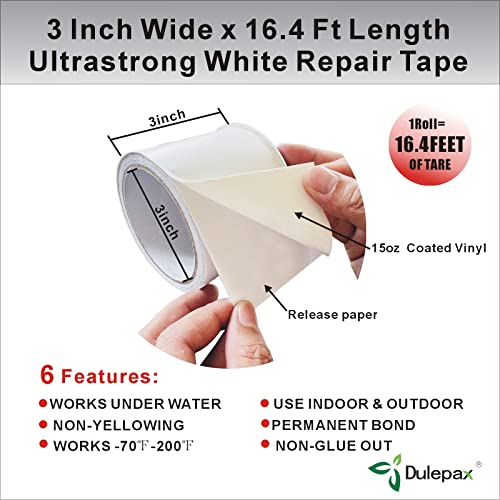 Dulepax White Repair Tape.Waterproof Patch and Seal Tape,Tent Repair Tape,RV Awning Repair Tape,Tarp Repair Tape Etc.3 x 16.4ft