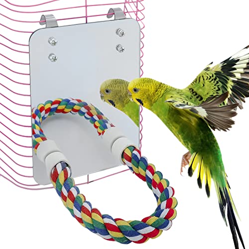 Bird Mirror for Cage with Parrot Rope Perch for Parakeet/Budgerigar/Lovebird/Canaries Stand