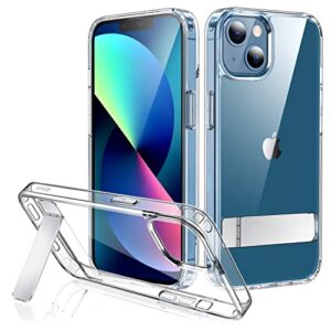jetech kickstand case for iphone 13 mini, 5.4-inch, support wireless charging, slim shockproof bumper phone cover, 3-way metal stand (clear)