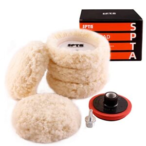 spta wool polishing pad, 5pcs 3"(75mm) 100% natural wool buffing pad with 1pc hook&loop backing pad, 1pc extension shank for drill polisher cutting, car body repair buffing