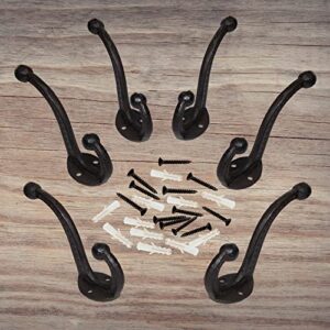 YMAISS Antique Rustic Black Cast Iron Hooks,Antique Old Shabby Chic Cast Iron Hooks, Wall Mounted Hooks (Set of 6) Vintage Inspired Coats, Bags, Hats, Towels,Matching Screws Included