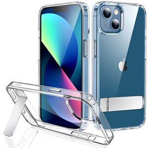 jetech kickstand case for iphone 13, 6.1-inch, support wireless charging, slim shockproof bumper phone cover, 3-way metal stand (clear)