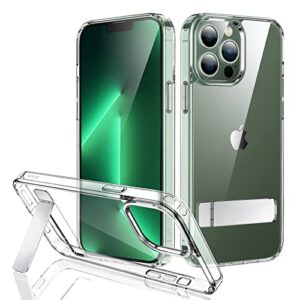 jetech kickstand case for iphone 13 pro, 6.1-inch, support wireless charging, slim shockproof bumper phone cover, 3-way metal stand (clear)