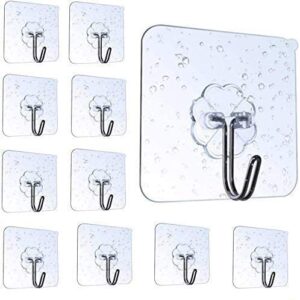 yawall 10 pack wall hooks for hanging 44lb(max), transparent reusable seamless heavy duty hooks, waterproof and oilproof, bathroom kitchen self adhesive hooks