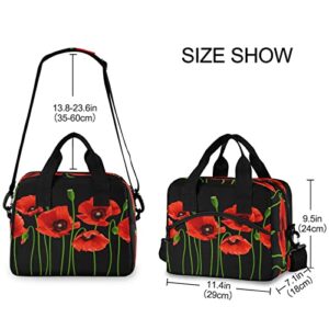 Large Lunch Bag for Women Men Flower Poppy Art Painting Cooler Bags Insulated Lunch Tote Bag with Zipper Top & Detachable Shoulder Strap for Work Picnic Beach, No Leak