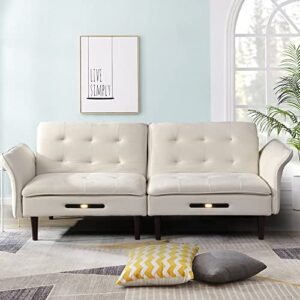 miyzeal convertible sleeper sofa with charging ports, velvet tufted upholstered futon sofa bed with adjustable backrest & armrest, modern loveseat couch for living room apartment office (beige)