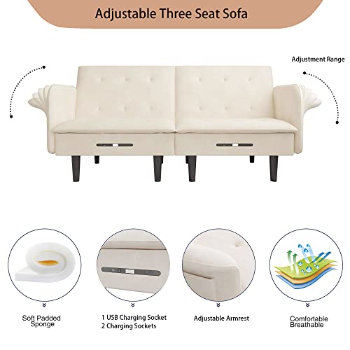 MIYZEAL Convertible Sleeper Sofa with Charging Ports, Velvet Tufted Upholstered Futon Sofa Bed with Adjustable Backrest & Armrest, Modern Loveseat Couch for Living Room Apartment Office (Beige)