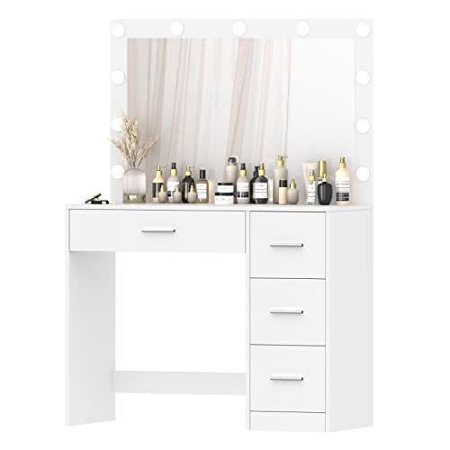 Irontar Makeup Vanity Table, Makeup Table with Large Mirror and 11 LED Lights, Brightness Adjustable, Dressing Table Desk with 4 Drawers, Bedroom Vanity Desk for Girls, Women, White WDT002W