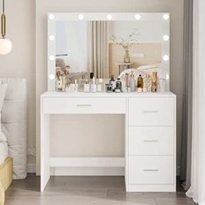 irontar makeup vanity table, makeup table with large mirror and 11 led lights, brightness adjustable, dressing table desk with 4 drawers, bedroom vanity desk for girls, women, white wdt002w