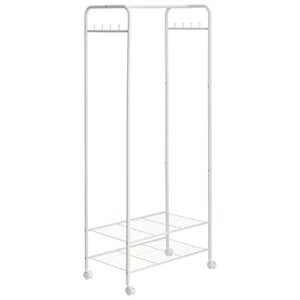 DOEWORKS Metal Garment Wire Rack With 2 Tier Storage Shelves for Large Capacity, Freestanding Clothes Hanger Storage Rolling Rack for Home, White