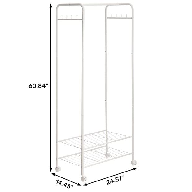 DOEWORKS Metal Garment Wire Rack With 2 Tier Storage Shelves for Large Capacity, Freestanding Clothes Hanger Storage Rolling Rack for Home, White