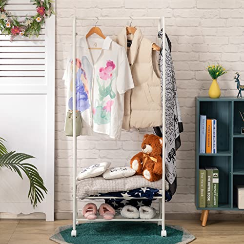 DOEWORKS Metal Garment Wire Rack With 2 Tier Storage Shelves for Large Capacity, Freestanding Clothes Hanger Storage Rolling Rack for Home, White