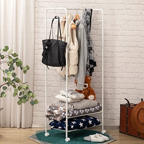 DOEWORKS Metal Garment Wire Rack With 2 Tier Storage Shelves for Large Capacity, Freestanding Clothes Hanger Storage Rolling Rack for Home, White