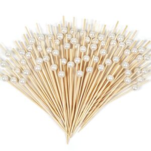 Elyum Cocktail Picks 100 PCS Toothpicks for Appetizers Bamboo Cocktail Skewers for Appetizers with White Pearls Food Picks for Party, Wedding, Dessert, Fruit (White, 4.7 Inch)