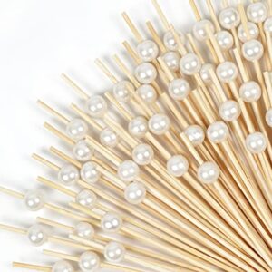 elyum cocktail picks 100 pcs toothpicks for appetizers bamboo cocktail skewers for appetizers with white pearls food picks for party, wedding, dessert, fruit (white, 4.7 inch)