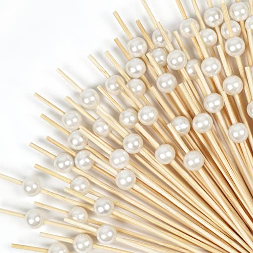 Elyum Cocktail Picks 100 PCS Toothpicks for Appetizers Bamboo Cocktail Skewers for Appetizers with White Pearls Food Picks for Party, Wedding, Dessert, Fruit (White, 4.7 Inch)