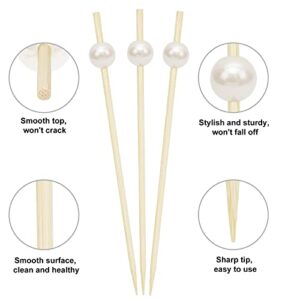 Elyum Cocktail Picks 100 PCS Toothpicks for Appetizers Bamboo Cocktail Skewers for Appetizers with White Pearls Food Picks for Party, Wedding, Dessert, Fruit (White, 4.7 Inch)