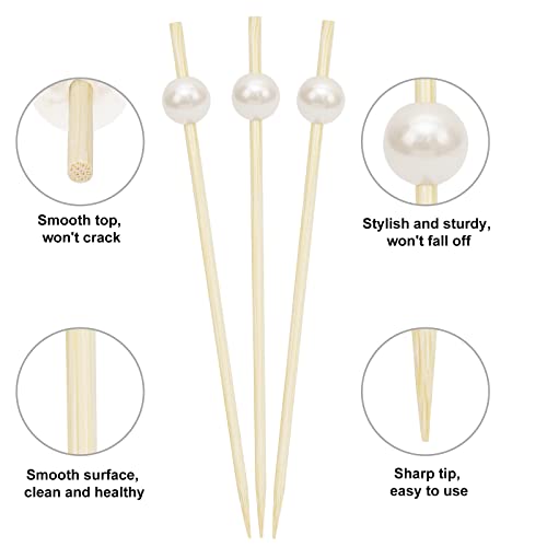 Elyum Cocktail Picks 100 PCS Toothpicks for Appetizers Bamboo Cocktail Skewers for Appetizers with White Pearls Food Picks for Party, Wedding, Dessert, Fruit (White, 4.7 Inch)