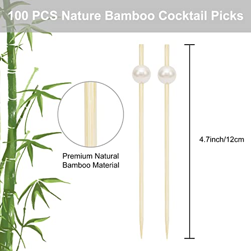 Elyum Cocktail Picks 100 PCS Toothpicks for Appetizers Bamboo Cocktail Skewers for Appetizers with White Pearls Food Picks for Party, Wedding, Dessert, Fruit (White, 4.7 Inch)