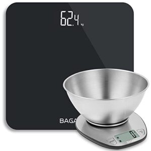 bagail basics bathroom scale + kitchen scale, premium large display backing scale food weighing scale with stainless steel mixing bowl