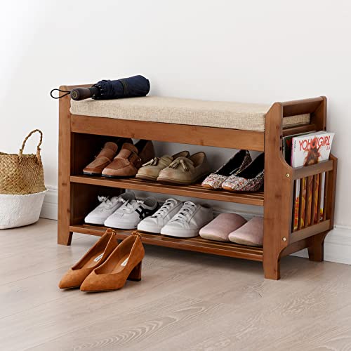 AKaSping Bamboo Shoe Rack Shoes Bench with Soft Seat 2-Tier Entryway Shoe Storage Cabinet for Home Bedroom Hallway Entryway Holds up to 400lbs