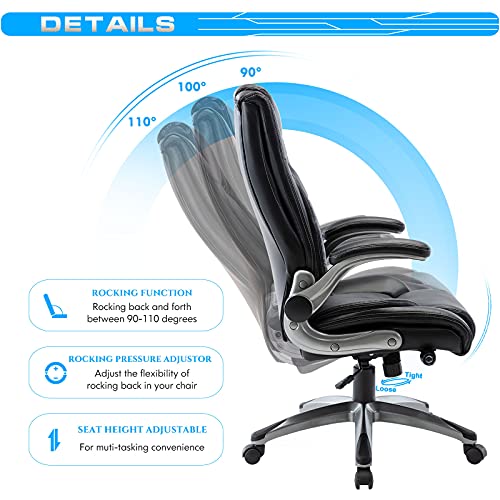 COLAMY Home Office Executive Desk Chair Bonded Leather Computer Task Chair Adjustable Lumbar Support Flip-up Arms Swivel Ergonomic Design