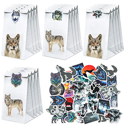 24 Pcs Wolf Party Treat Bags Wolf Goodie Favor Treat Bags Wolf Paper Present Bags with 24 Pcs Wolf Field Stickers for Wolf Themed Gift Bags Wolf Birthday Party Decorations Supplies