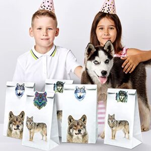 24 Pcs Wolf Party Treat Bags Wolf Goodie Favor Treat Bags Wolf Paper Present Bags with 24 Pcs Wolf Field Stickers for Wolf Themed Gift Bags Wolf Birthday Party Decorations Supplies