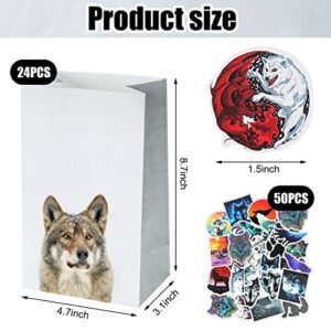 24 Pcs Wolf Party Treat Bags Wolf Goodie Favor Treat Bags Wolf Paper Present Bags with 24 Pcs Wolf Field Stickers for Wolf Themed Gift Bags Wolf Birthday Party Decorations Supplies