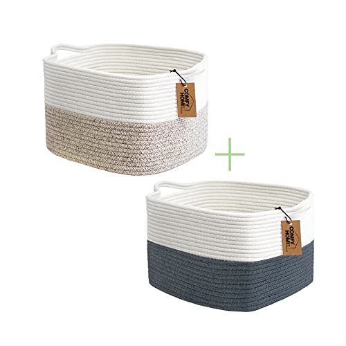 COMFY-HOMI 13.5"x11"x 9.5" Square Cotton Rope Woven Basket with Handle Laundry Storage Bin (Set of 2) - Brown and Dark Grey