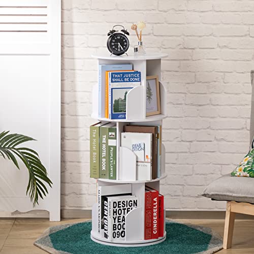 DOEWORKS 3 Tier 360 Rotation Display Bookcase, Rotating Stackable Bookshelf Organizer Storage Display Rack for Home Office, White